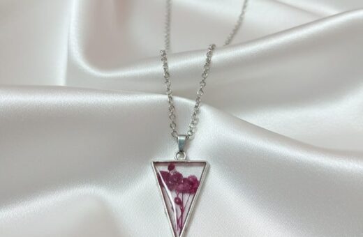 Minimal Triangle Resin Pendant with Original Pink Gypsy Flower – Anti-Tarnish Silver