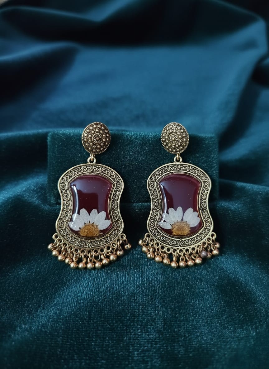 Handmade Resin Earrings with Golden Frame & Floral Design – Trioova Jewelry