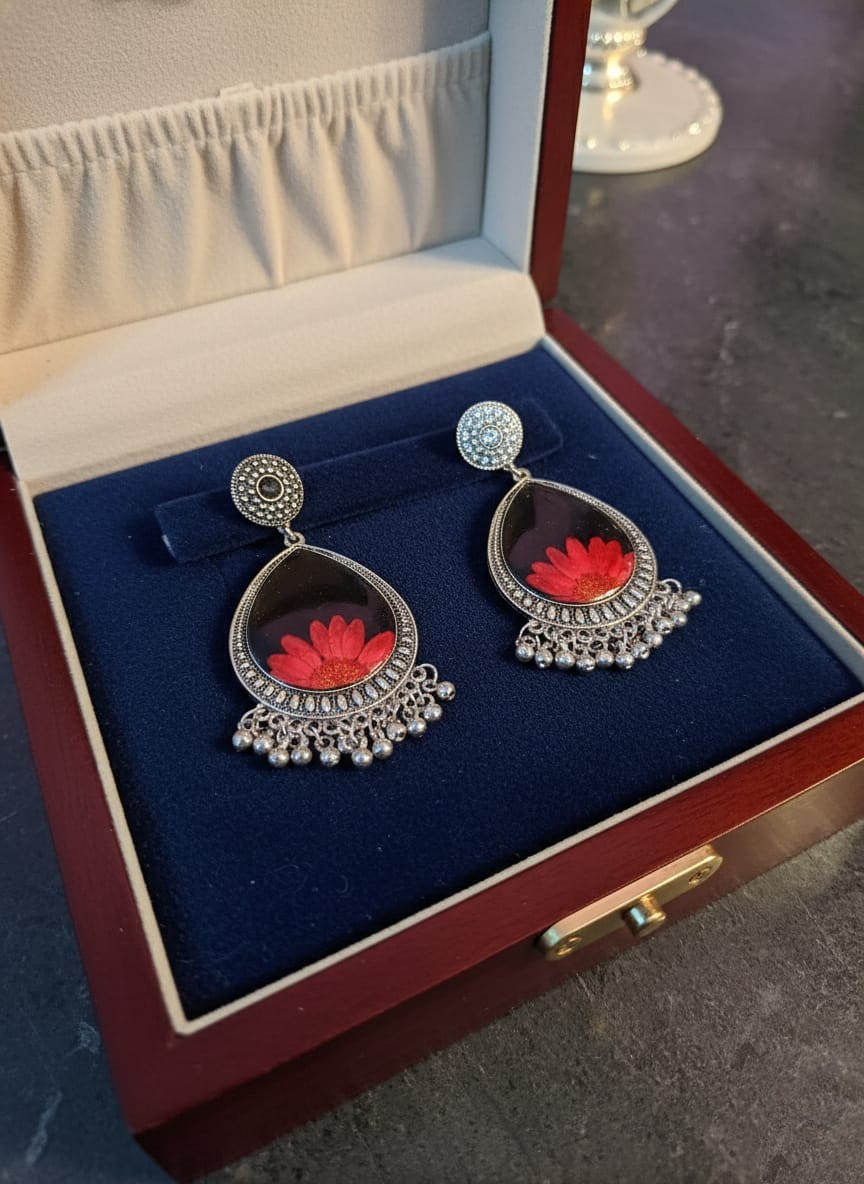Handmade Red Daisy Resin Water Drop Jhumka Earrings – 2 Layer Silver Finish Real Flower Jewelry