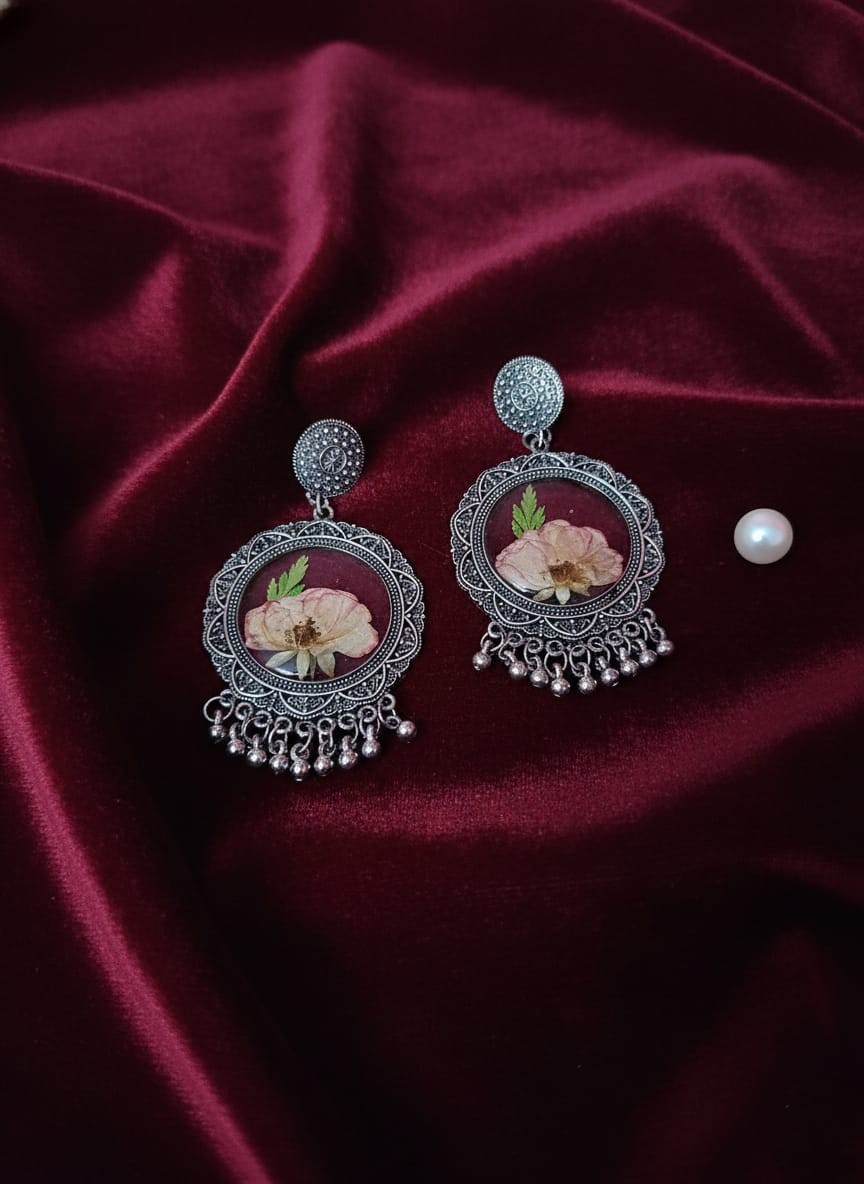 Real Dried Rose Resin Round Vintage Earrings – 2 Layer Silver Floral Statement Jewelry
