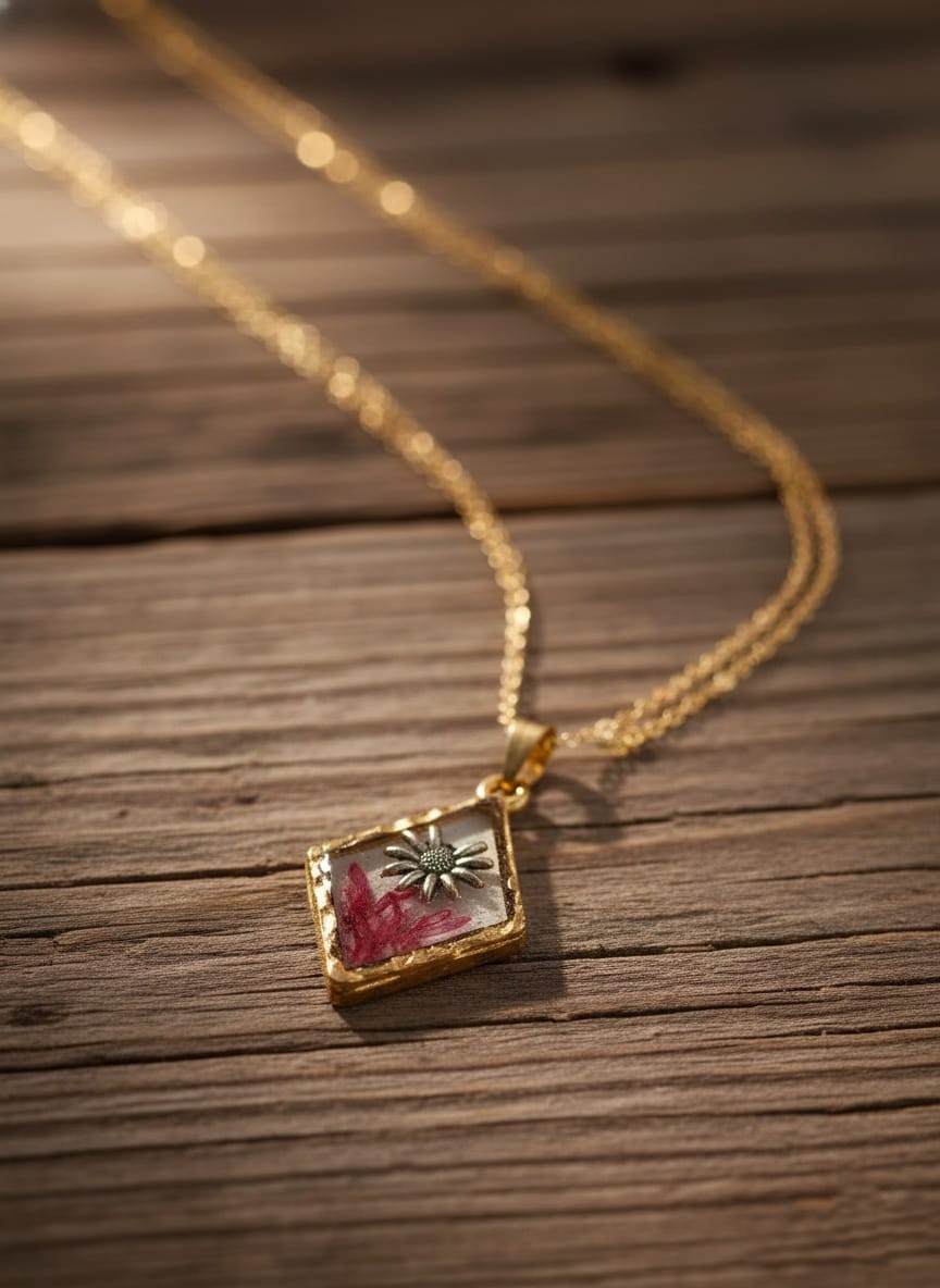 Square Diamond Style Resin Flower Pendant – Gold Anti Tarnish